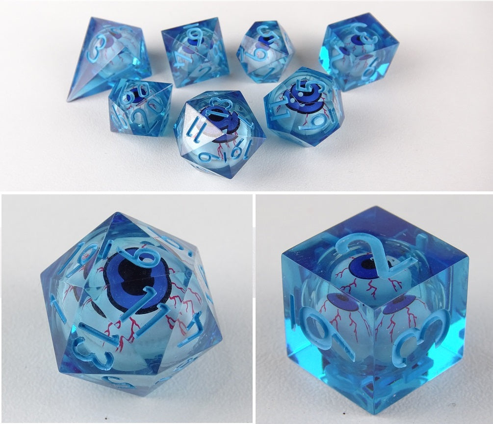 Eye Rolling Dice - Dark Blue Color - polyhedral set [Sharp Edge] Hand made