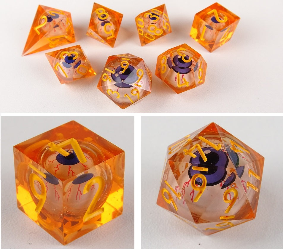Eye Rolling Dice - Orange Color - polyhedral set [Sharp Edge] Hand made