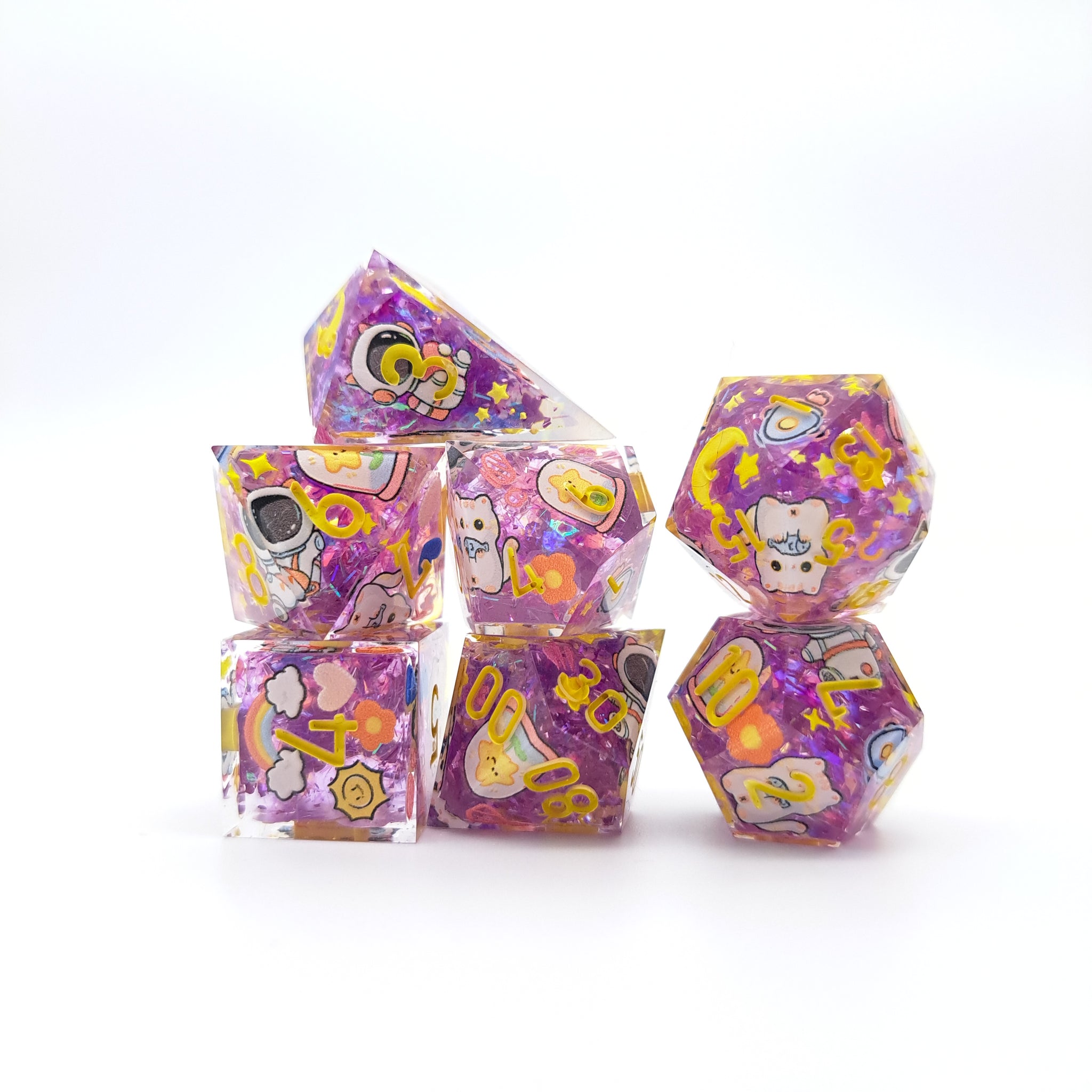 Purple Meow astronaut White Cat [Handmade Dice Set] – OUMCRAFT