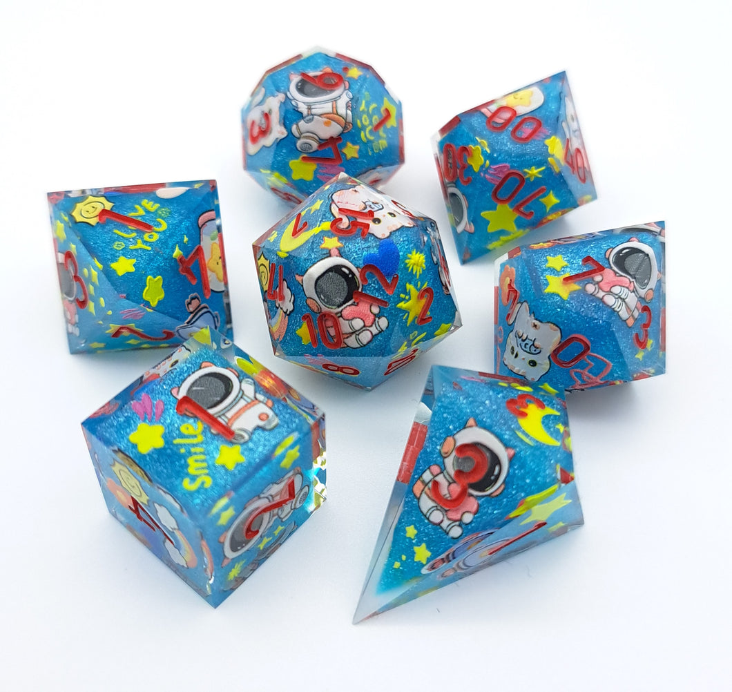 Blue Meow astronaut White Cat  [Handmade Dice Set]