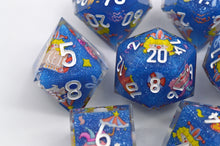 Load image into Gallery viewer, Jolly Carnival dice 3 colors Dice- polyhedral set [Sharp Edge] Hand made
