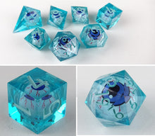 Load image into Gallery viewer, Eye Rolling Dice - Light Blue Color - polyhedral set [Sharp Edge] Hand made
