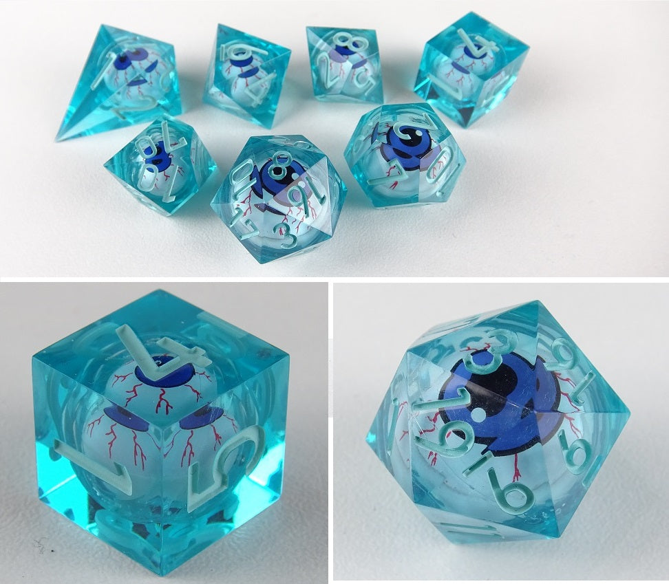 Eye Rolling Dice - Light Blue Color - polyhedral set [Sharp Edge] Hand made
