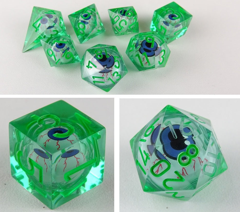 Eye Rolling Dice - Dark Green Color - polyhedral set [Sharp Edge] Hand made