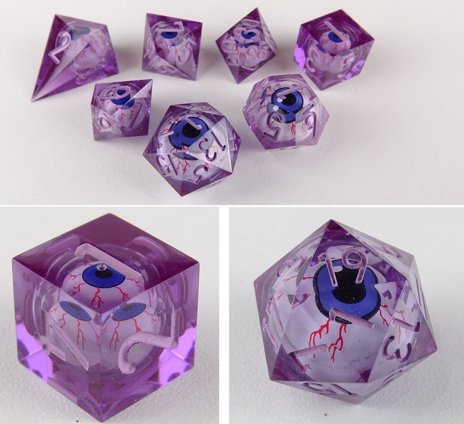 Eye Rolling Dice - Dark Purple Color - polyhedral set [Sharp Edge] Hand made